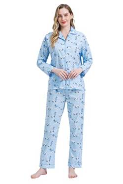 Amaxer Damen Zweiteiliger Schlafanzug Baumwolle Pyjama Set Langarm Nachtwäsche Hausanzug Sleepwear und Pyjamahose Lounge Sets,Blaublümchen,L von Amaxer