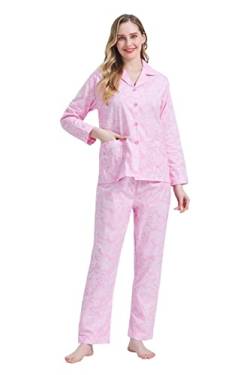 Amaxer Damen Zweiteiliger Schlafanzug Baumwolle Pyjama Set Langarm Nachtwäsche Hausanzug Sleepwear und Pyjamahose Lounge Sets,Die Rosa Linien,3XL von Amaxer