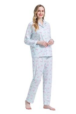 Amaxer Damen Zweiteiliger Schlafanzug Baumwolle Pyjama Set Langarm Nachtwäsche Hausanzug Sleepwear und Pyjamahose Lounge Sets,Die grünen Blumen,L von Amaxer