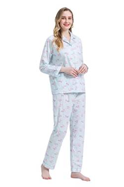 Amaxer Damen Zweiteiliger Schlafanzug Baumwolle Pyjama Set Langarm Nachtwäsche Hausanzug Sleepwear und Pyjamahose Lounge Sets,Die grünen Blumen,S von Amaxer