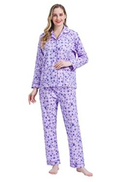 Amaxer Damen Zweiteiliger Schlafanzug Baumwolle Pyjama Set Langarm Nachtwäsche Hausanzug Sleepwear und Pyjamahose Lounge Sets,Lila Liebe,3XL von Amaxer