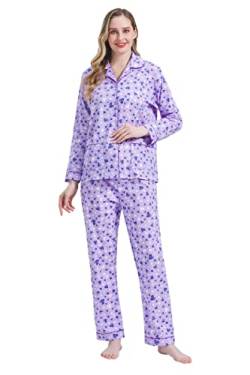 Amaxer Damen Zweiteiliger Schlafanzug Baumwolle Pyjama Set Langarm Nachtwäsche Hausanzug Sleepwear und Pyjamahose Lounge Sets,Lila Liebe,L von Amaxer