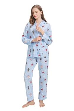 Amaxer Damen Zweiteiliger Schlafanzug Baumwolle Pyjama Set Langarm Nachtwäsche Hausanzug Sleepwear und Pyjamahose Lounge Sets,Niedliche Katze auf blauem Hintergrund,XL von Amaxer