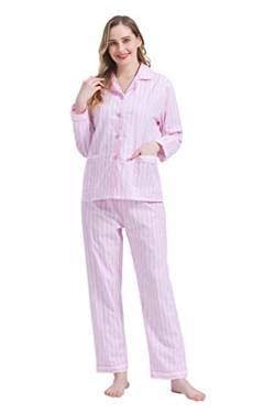 Amaxer Damen Zweiteiliger Schlafanzug Baumwolle Pyjama Set Langarm Nachtwäsche Hausanzug Sleepwear und Pyjamahose Lounge Sets,Rosa Streifen,L von Amaxer
