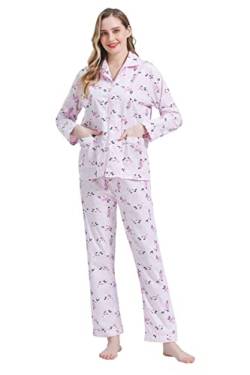 Amaxer Damen Zweiteiliger Schlafanzug Baumwolle Pyjama Set Langarm Nachtwäsche Hausanzug Sleepwear und Pyjamahose Lounge Sets,Rosa blümchen,L von Amaxer