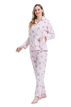 Amaxer Damen Zweiteiliger Schlafanzug Baumwolle Pyjama Set Langarm Nachtwäsche Hausanzug Sleepwear und Pyjamahose Lounge Sets,Rosa blümchen2,S von Amaxer
