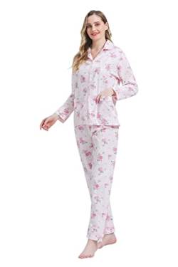 Amaxer Damen Zweiteiliger Schlafanzug Baumwolle Pyjama Set Langarm Nachtwäsche Hausanzug Sleepwear und Pyjamahose Lounge Sets,Rosa blümchen2,XXL von Amaxer