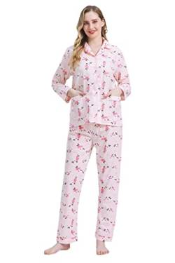 Amaxer Damen Zweiteiliger Schlafanzug Baumwolle Pyjama Set Langarm Nachtwäsche Hausanzug Sleepwear und Pyjamahose Lounge Sets,Rotblümchen,3XL von Amaxer