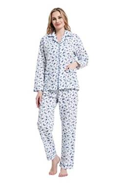 Amaxer Damen Zweiteiliger Schlafanzug Baumwolle Pyjama Set Langarm Nachtwäsche Hausanzug Sleepwear und Pyjamahose Lounge Sets L Blaue Blumen auf Weiß von Amaxer