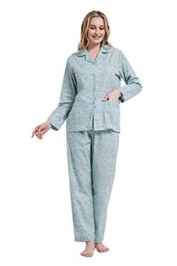 Amaxer Damen Zweiteiliger Schlafanzug Baumwolle Pyjama Set Langarm Nachtwäsche Hausanzug Sleepwear und Pyjamahose Lounge Sets L Hellblaugrün von Amaxer