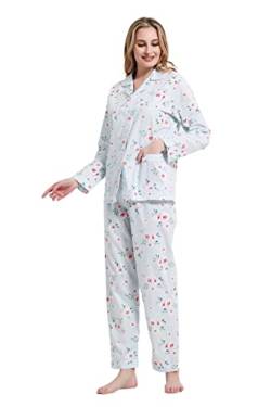 Amaxer Damen Zweiteiliger Schlafanzug Baumwolle Pyjama Set Langarm Nachtwäsche Hausanzug Sleepwear und Pyjamahose Lounge Sets L Rosa Blumen auf Blau von Amaxer