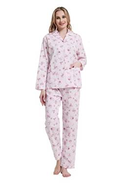 Amaxer Damen Zweiteiliger Schlafanzug Baumwolle Pyjama Set Langarm Nachtwäsche Hausanzug Sleepwear und Pyjamahose Lounge Sets M Rosa Blumen auf Rosa von Amaxer