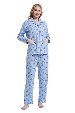 Amaxer Damen Zweiteiliger Schlafanzug Baumwolle Pyjama Set Langarm Nachtwäsche Hausanzug Sleepwear und Pyjamahose Lounge Sets S Blaue Blumen auf Blau von Amaxer