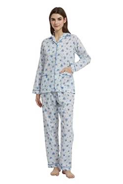 Amaxer Damen Zweiteiliger Schlafanzug Baumwolle Pyjama Set Langarm Nachtwäsche Hausanzug Sleepwear und Pyjamahose Lounge Sets S Blaue Blumen auf Weiß von Amaxer