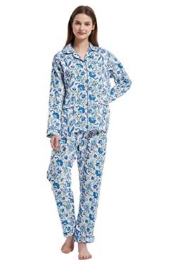 Amaxer Damen Zweiteiliger Schlafanzug Baumwolle Pyjama Set Langarm Nachtwäsche Hausanzug Sleepwear und Pyjamahose Lounge Sets XL Blaue Blumen auf Weiß von Amaxer