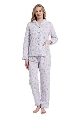 Amaxer Damen Zweiteiliger Schlafanzug Baumwolle Pyjama Set Langarm Nachtwäsche Hausanzug Sleepwear und Pyjamahose Lounge Sets XL Lila Blumen auf Lila von Amaxer