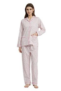 Amaxer Damen Zweiteiliger Schlafanzug Baumwolle Pyjama Set Langarm Nachtwäsche Hausanzug Sleepwear und Pyjamahose Lounge Sets XL Rosa Blumen auf Weiß von Amaxer