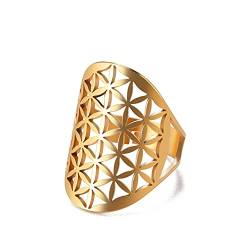 Amaxer Edelstahl Blume des Lebens Mandala Heilige Geometrie Ring für Frauen Aussage Ausgehöhlt Verstellbarer Bandring Schmuck für Dame (Gold) von Amaxer