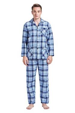 Amaxer Flanell Schlafanzug Herren 100% Baumwolle Pyjama mit Knopfleiste Set Lang Warmer Winter Schlafanzug, Blaue Streifen L von Amaxer