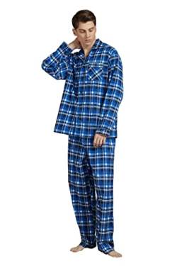 Amaxer Flanell Schlafanzug Herren 100% Baumwolle Pyjama mit Knopfleiste Set Lang Warmer Winter Schlafanzug, L Blau Weiß Schwarz Kariert von Amaxer