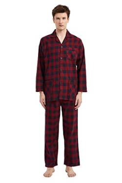 Amaxer Flanell Schlafanzug Herren 100% Baumwolle Pyjama mit Knopfleiste Set Lang Warmer Winter Schlafanzug, L Rot und Schwarz Kariert von Amaxer