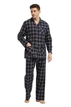 Amaxer Flanell Schlafanzug Herren 100% Baumwolle Pyjama mit Knopfleiste Set Lang Warmer Winter Schlafanzug, L Schwarz Kariert von Amaxer