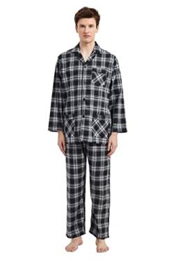 Amaxer Flanell Schlafanzug Herren 100% Baumwolle Pyjama mit Knopfleiste Set Lang Warmer Winter Schlafanzug, L Schwarz und Grau Kariert von Amaxer