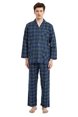 Amaxer Flanell Schlafanzug Herren 100% Baumwolle Pyjama mit Knopfleiste Set Lang Warmer Winter Schlafanzug, L Schwarz und Grün Kariert von Amaxer