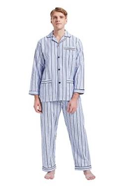 Amaxer Flanell Schlafanzug Herren 100% Baumwolle Pyjama mit Knopfleiste Set Lang Warmer Winter Schlafanzug, M Blaue Streifen von Amaxer