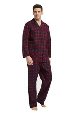 Amaxer Flanell Schlafanzug Herren 100% Baumwolle Pyjama mit Knopfleiste Set Lang Warmer Winter Schlafanzug, M Rot und Blau Kariert von Amaxer