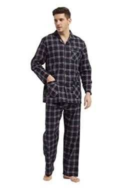 Amaxer Flanell Schlafanzug Herren 100% Baumwolle Pyjama mit Knopfleiste Set Lang Warmer Winter Schlafanzug, M Schwarz Kariert von Amaxer