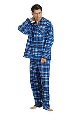 Amaxer Flanell Schlafanzug Herren 100% Baumwolle Pyjama mit Knopfleiste Set Lang Warmer Winter Schlafanzug, S Blau Weiß Schwarz Kariert von Amaxer