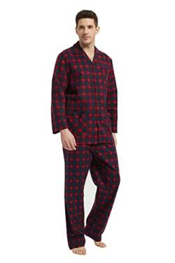 Amaxer Flanell Schlafanzug Herren 100% Baumwolle Pyjama mit Knopfleiste Set Lang Warmer Winter Schlafanzug, S Rot und Blau Kariert von Amaxer