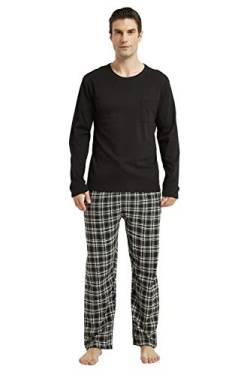 Amaxer Flanell Schlafanzug Herren Pyjama Set lang Schlafanzug mit Knopfleiste Strickerei, schwarz-weiß Kariertes Muster， S von Amaxer