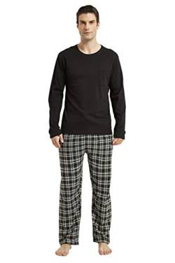 Amaxer Flanell Schlafanzug Herren Pyjama Set lang Schlafanzug mit Knopfleiste Strickerei, schwarz-weiß Kariertes Muster， XL von Amaxer