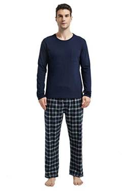 Amaxer Flanell Schlafanzug Herren Pyjama Set lang Schlafanzug mit Knopfleiste Strickerei von Amaxer