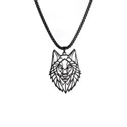 Amaxer Halskette mit Wolfskopf-Anhänger, geometrisch, ausgestanzt, 58,9 cm (Schwarz) von Amaxer