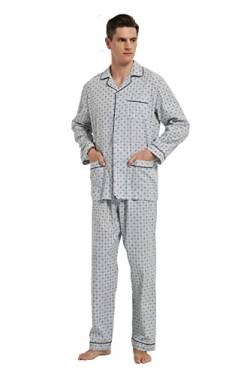 Amaxer Herren Zweiteiliger Schlafanzug Baumwolle Pyjama Set Nachtwäsche Hausanzug Langarm Oberteil mit Taschen Schlafanzughose mit Kordelzug, M Quadrat auf Grau von Amaxer