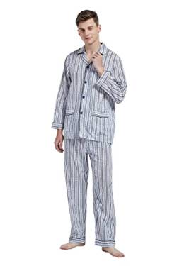 Amaxer Herren Zweiteiliger Schlafanzug Kariert Baumwolle Pyjama Set Nachtwäsche Hausanzug Langarm Oberteil mit Taschen Schlafanzughose mit Kordelzug Blaue und Graue Streifen M von Amaxer