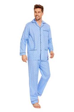Amaxer Herren Zweiteiliger Schlafanzug Kariert Baumwolle Pyjama Set Nachtwäsche Hausanzug Langarm Oberteil mit Taschen Schlafanzughose mit Kordelzug Multi-Muster auf Blau L von Amaxer