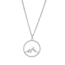 Amaxer Schneebedeckter Berg einkreisen Halskette Charme der Berge Urlaub im Freien Edelstahl-Halskette mit ausgeschnittenem Anhänger (Silber) von Amaxer