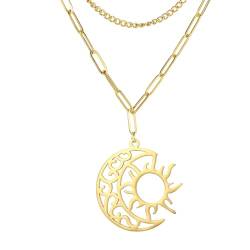 Amaxer Sonne und Mond Halskette Keltischer Halbmond Anhänger Schmuck Doppellagige Halskette für Frauen Mädchen, L50, Edelstahl von Amaxer