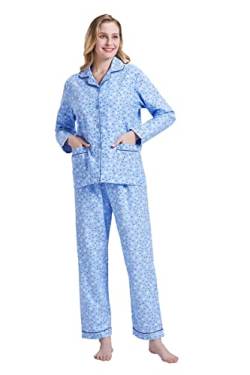 Amaxer Thermo Flanell Schlafanzug Damen 100% Baumwolle Pyjama Set Lang Winter Warmer Sleepwear, Blaue Blume XL von Amaxer