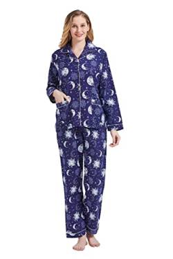 Amaxer Thermo Flanell Schlafanzug Damen 100% Baumwolle Pyjama Set Lang Winter Warmer Sleepwear, Blaue Sonnenblume L von Amaxer