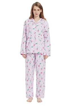 Amaxer Thermo Flanell Schlafanzug Damen 100% Baumwolle Pyjama Set Lang Winter Warmer Sleepwear, rote Blume XL von Amaxer