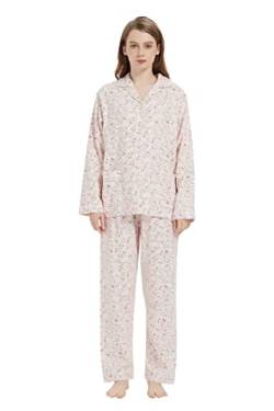 Amaxer Thermo Flanell Schlafanzug Damen 100% Baumwolle Pyjama Set Lang Winter Warmer Sleepwear,rosa Herz XL von Amaxer