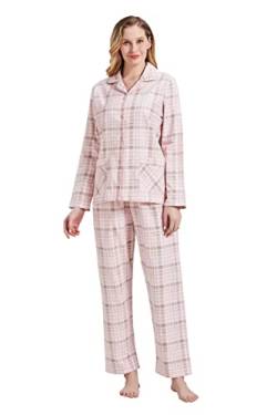 Amaxer Thermo Flanell Schlafanzug Damen 100% Baumwolle Pyjama Set Lang Winter Warmer Sleepwear,rosa Plaid XL von Amaxer