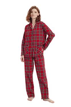 Amaxer Thermo Flanell Schlafanzug Damen 100% Baumwolle Pyjama Set Lang Winter Warmer Sleepwear | Rotes Plaid, L von Amaxer