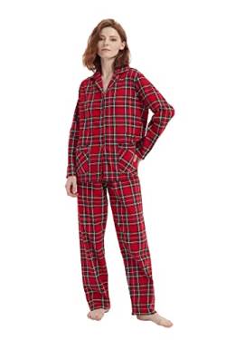 Amaxer Thermo Flanell Schlafanzug Damen 100% Baumwolle Pyjama Set Lang Winter Warmer Sleepwear | Rotes Plaid, M von Amaxer