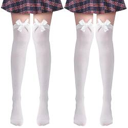 Amaxiu 2 Paar Süße Schleifenstrümpfe, Kawaii Overknee-Socken Satin-Oberschenkelstrümpfe lange Strümpfe für Mädchen und Frauen Partygeschenke (Standard, weiß) von Amaxiu